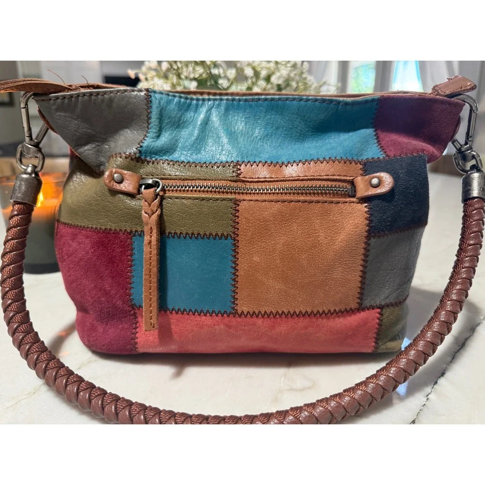 The Sak Patchwork Leather Suede Hobo Bag Multicolor Braided Handle Boho